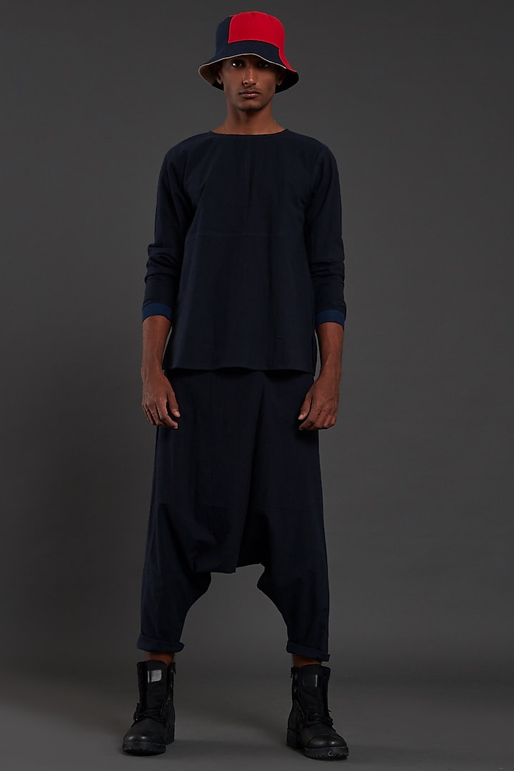 Navy Blue Cotton Handwoven Drop Crotch Pants by Mati Men