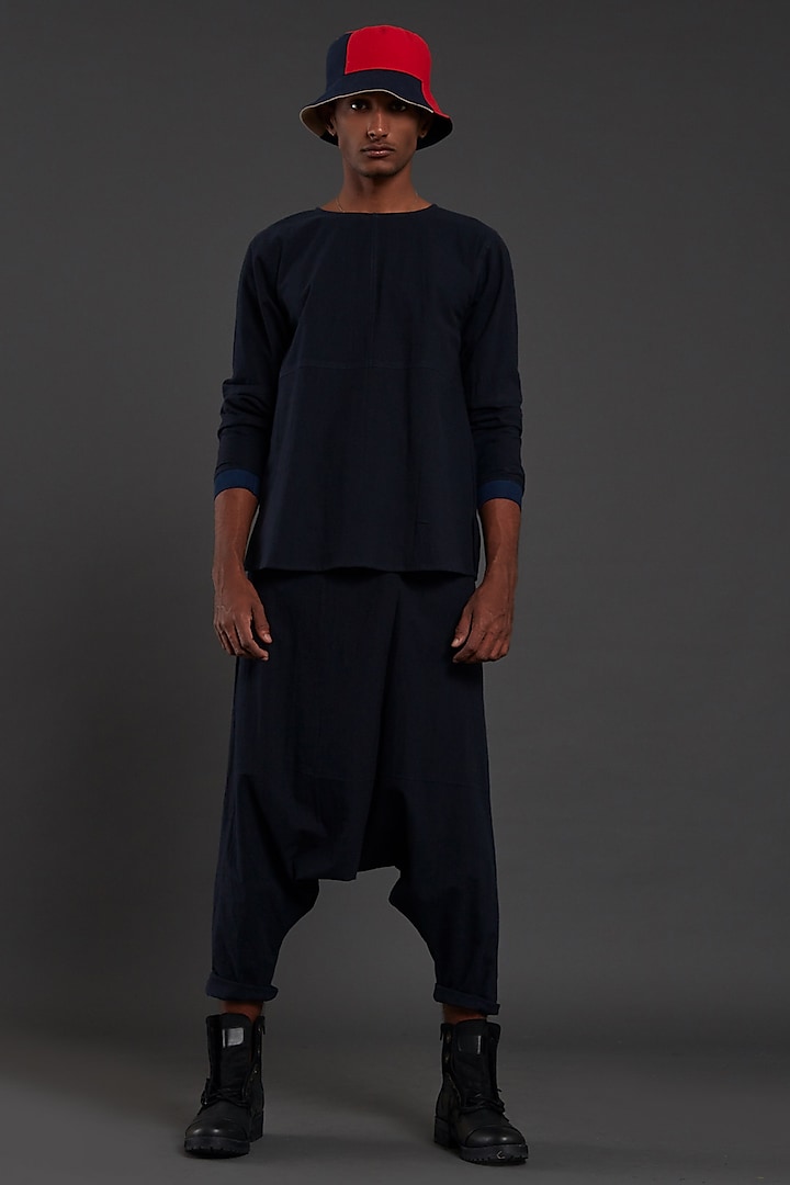 Navy Blue Cotton Handwoven Co-Ord Set by Mati Men