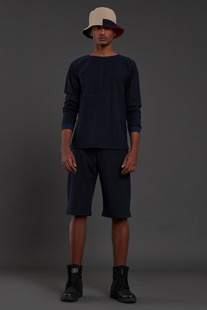 Navy Blue Cotton Handwoven Shorts by Mati Men at Pernia's Pop Up Shop