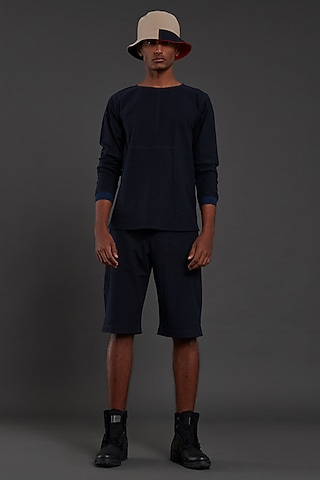 Navy Blue Cotton Handwoven Shorts by Mati Men