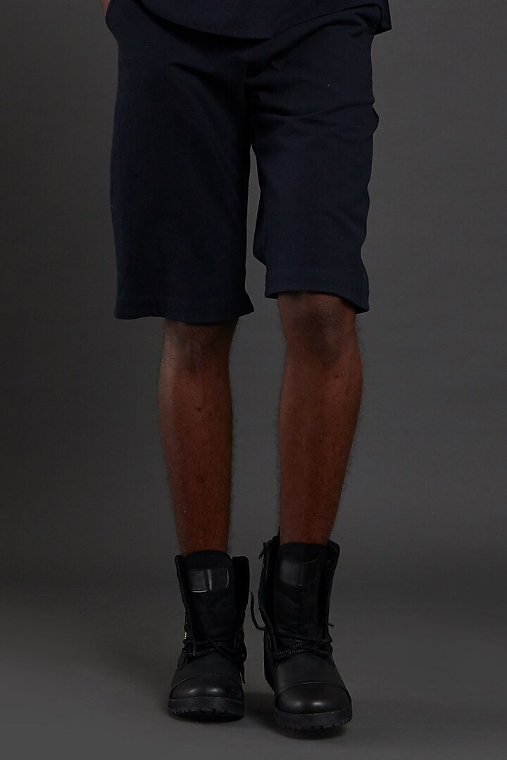 Navy Blue Cotton Handwoven Shorts by Mati Men at Pernia's Pop Up Shop