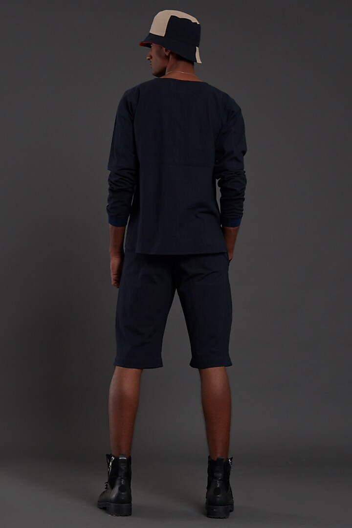 Navy Blue Cotton Handwoven Shorts by Mati Men at Pernia's Pop Up Shop