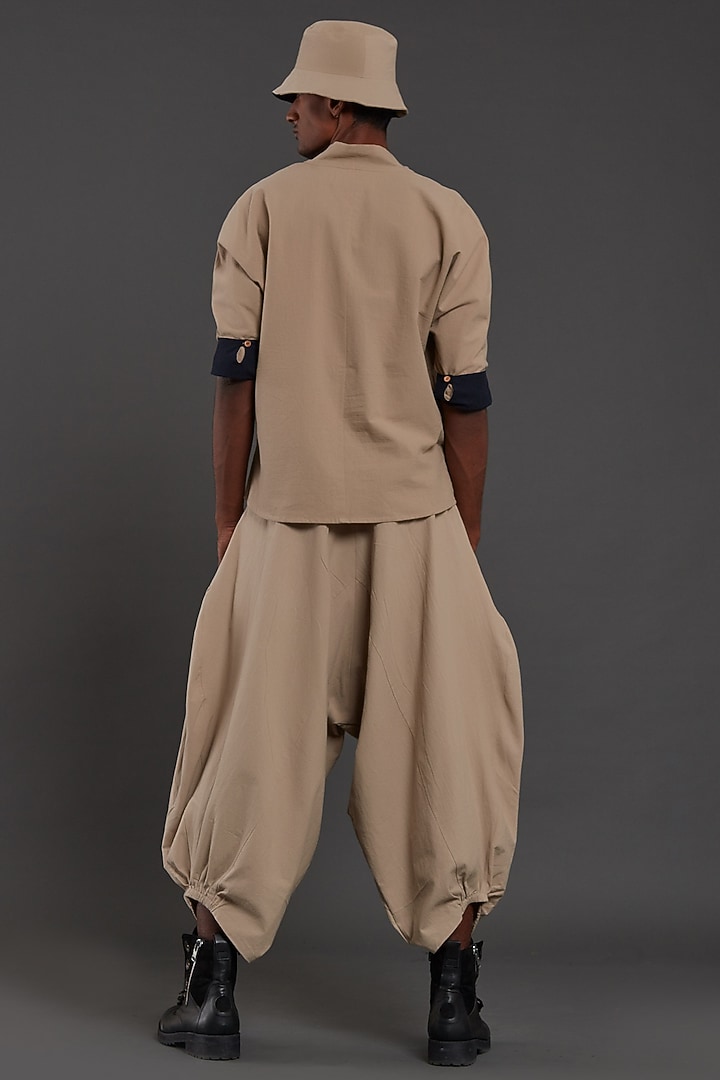 Beige & Navy Blue Cotton Handwoven T-shirt by Mati Men at Pernia's Pop Up Shop