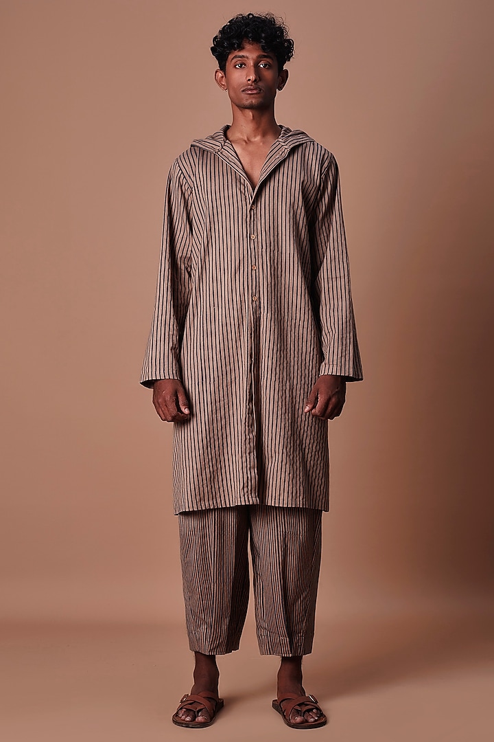 Brown Handwoven Cotton Handblock Printed Hooded Kurta by Mati Men