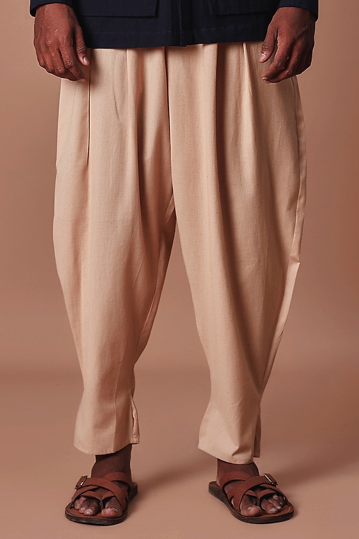 Beige Handwoven Cotton Balloon Pleated Pants by Mati Men