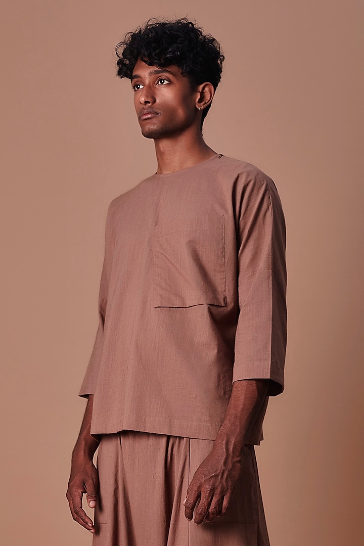 Brown Cotton Handwoven T-Shirt by Mati Men