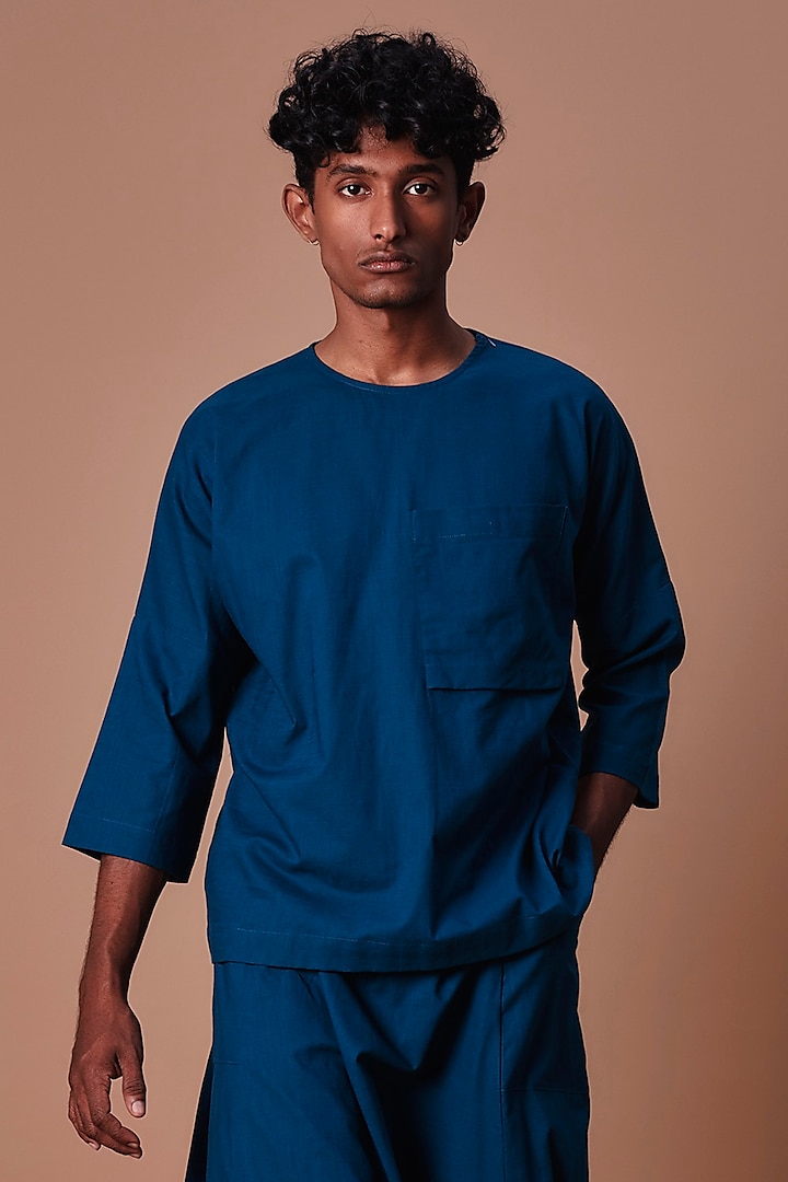 Teal Blue Cotton Handwoven T-Shirt by Mati Men