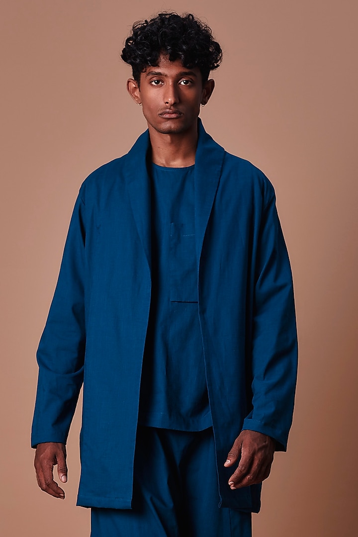 Teal Blue Cotton Handwoven Jacket by Mati Men