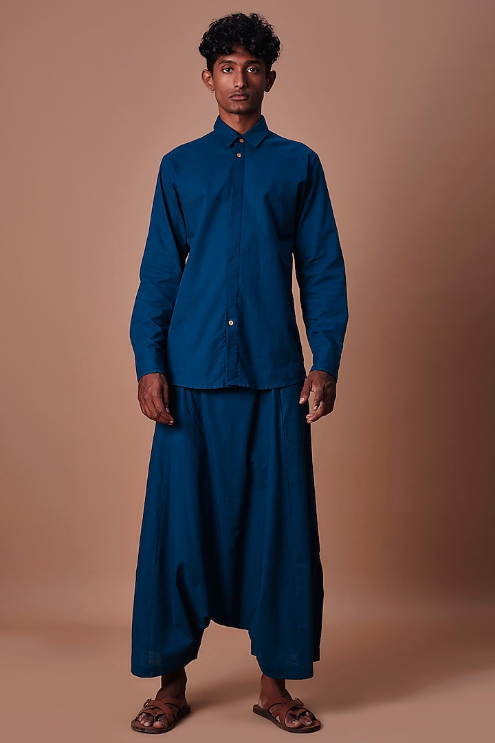 Teal Blue Cotton Handwoven Co-Ord Set by Mati Men