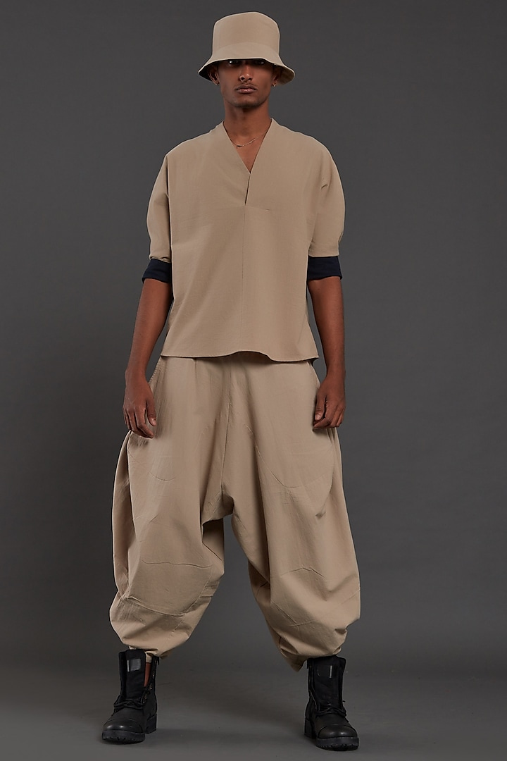 Beige Cotton Handwoven Baggy Pants by Mati Men