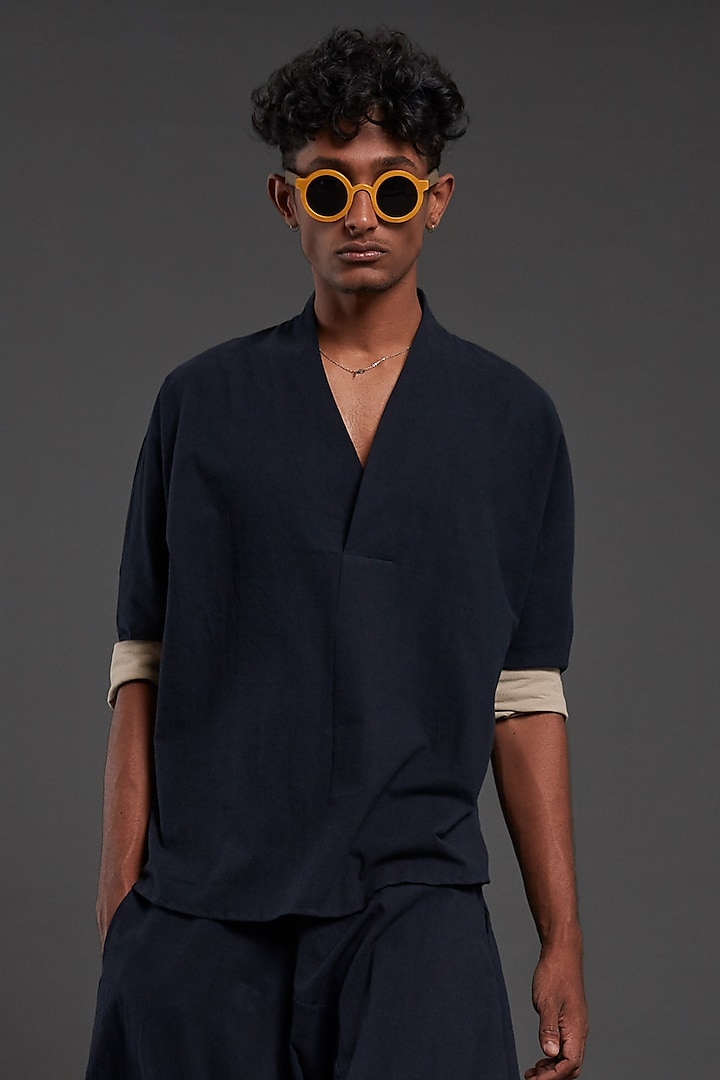 Navy Blue Cotton Handwoven Overlap Shirt by Mati Men at Pernia's Pop Up Shop