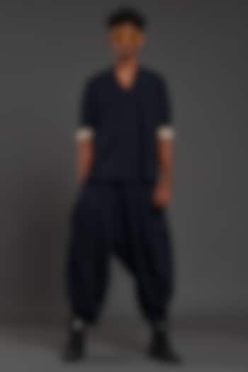 Navy Blue Cotton Handwoven Baggy Pant Set by Mati Men at Pernia's Pop Up Shop