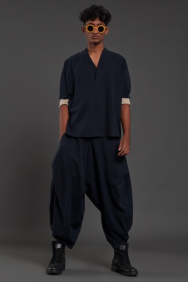 Navy Blue Cotton Handwoven Baggy Pant Set by Mati Men at Pernia's Pop Up Shop