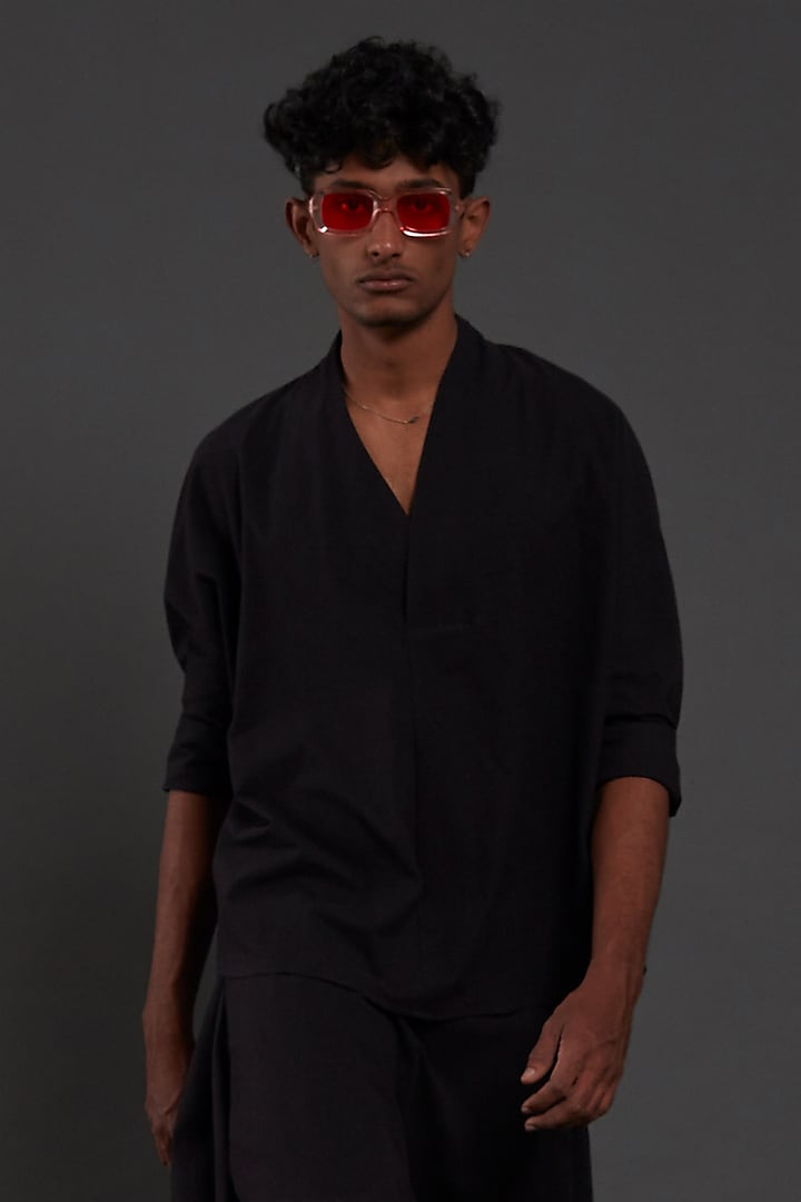 Black Cotton Handwoven Overlap Shirt by Mati Men