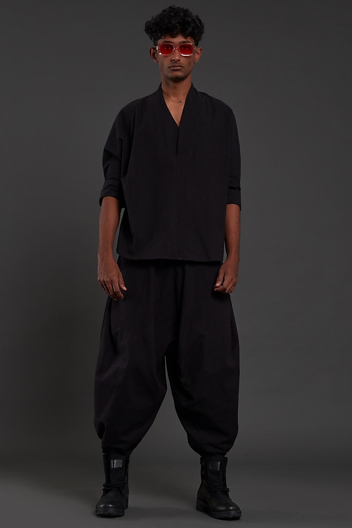 Black Cotton Handwoven Baggy Pants by Mati Men