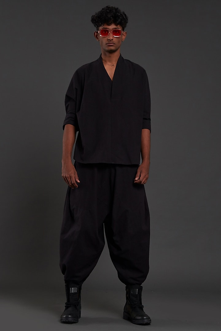 Black Cotton Handwoven Baggy Pant Set by Mati Men at Pernia's Pop Up Shop