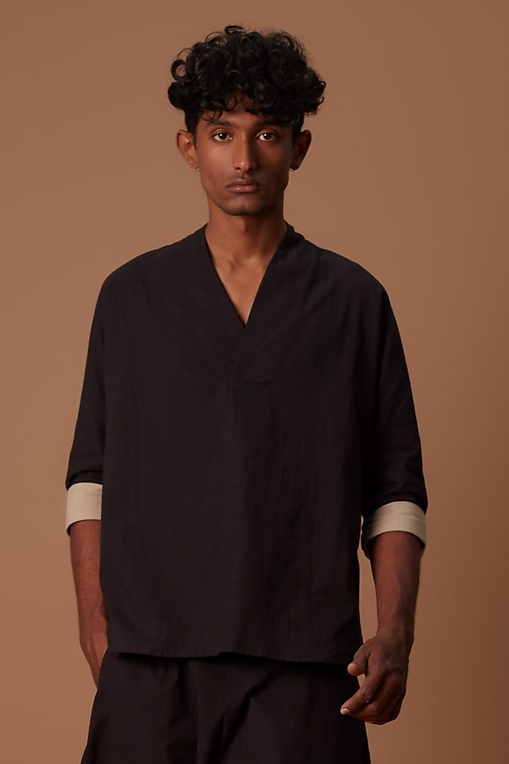 Black Cotton Handwoven Overlap Shirt by Mati Men