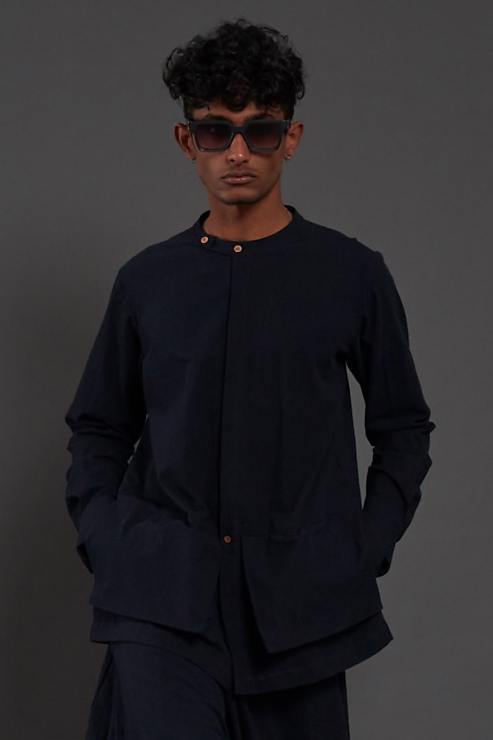 Navy Blue Cotton Handwoven Overlap Shirt by Mati Men at Pernia's Pop Up Shop