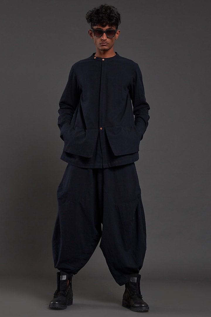 Navy Blue Cotton Handwoven Co-Ord Set by Mati Men at Pernia's Pop Up Shop