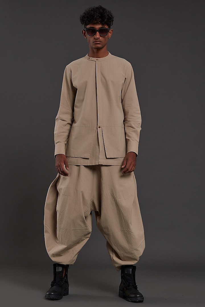 Beige Cotton Handwoven Co-Ord Set by Mati Men at Pernia's Pop Up Shop