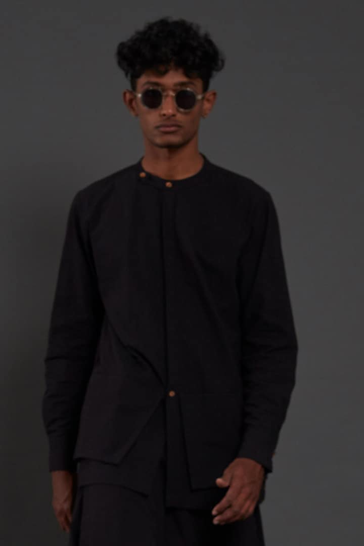 Black Cotton Handwoven Overlap Shirt by Mati Men