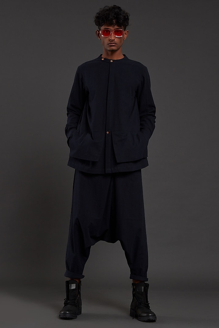 Navy Blue Cotton Handwoven Drop-Crotch Pant Set by Mati Men at Pernia's Pop Up Shop