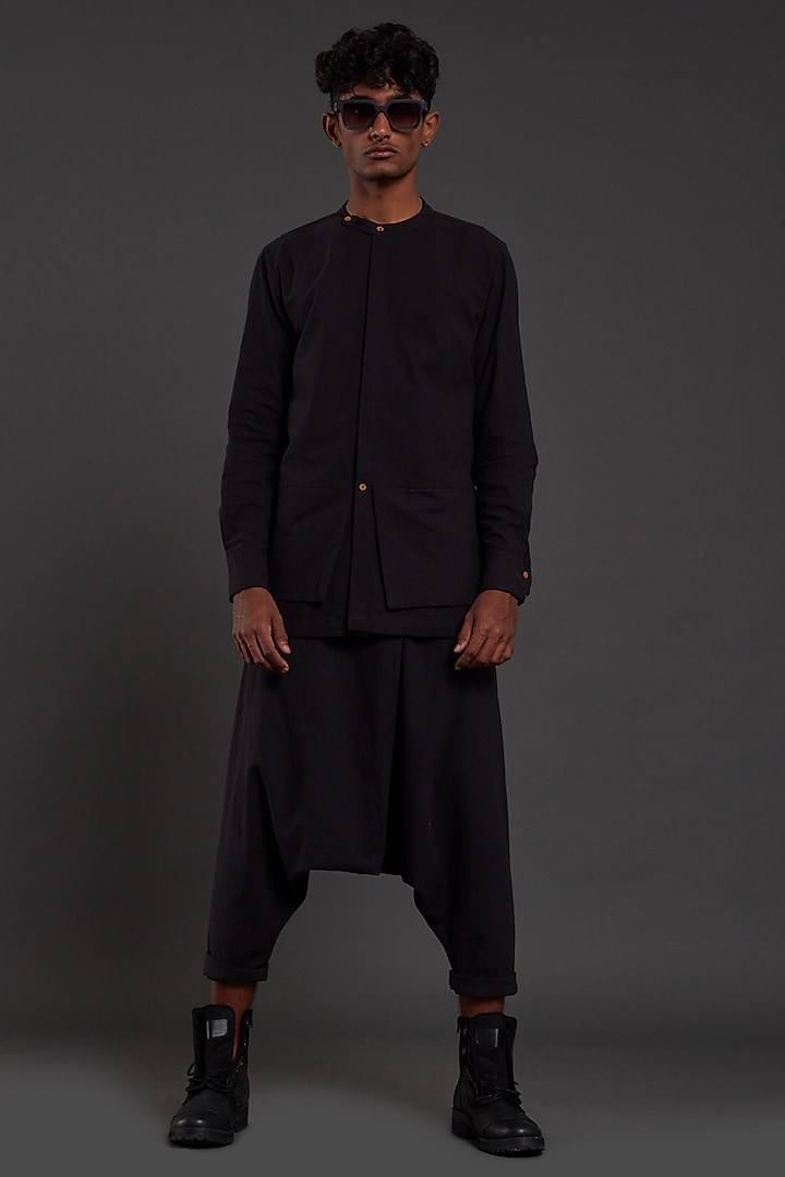 Black Cotton Handwoven Drop-Crotch Pant Set by Mati Men at Pernia's Pop Up Shop