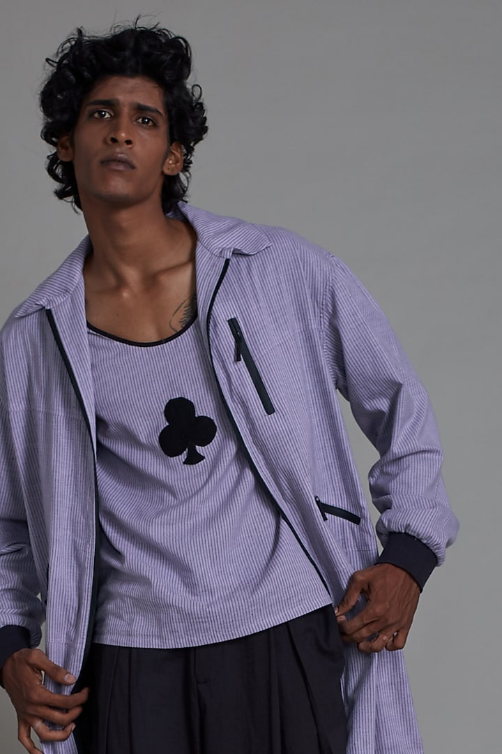 Lavender Cotton Handwoven Striped Jacket by Mati Men at Pernia's Pop Up Shop