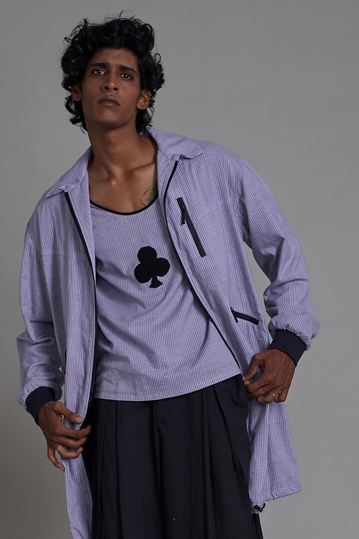 Lavender Cotton Handwoven Striped Jacket Set by Mati Men at Pernia's Pop Up Shop