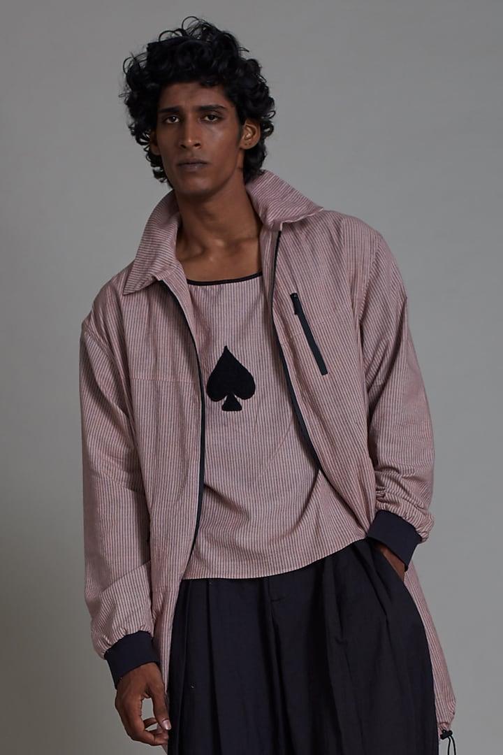 Pink Cotton Handwoven Striped Jacket by Mati Men at Pernia's Pop Up Shop