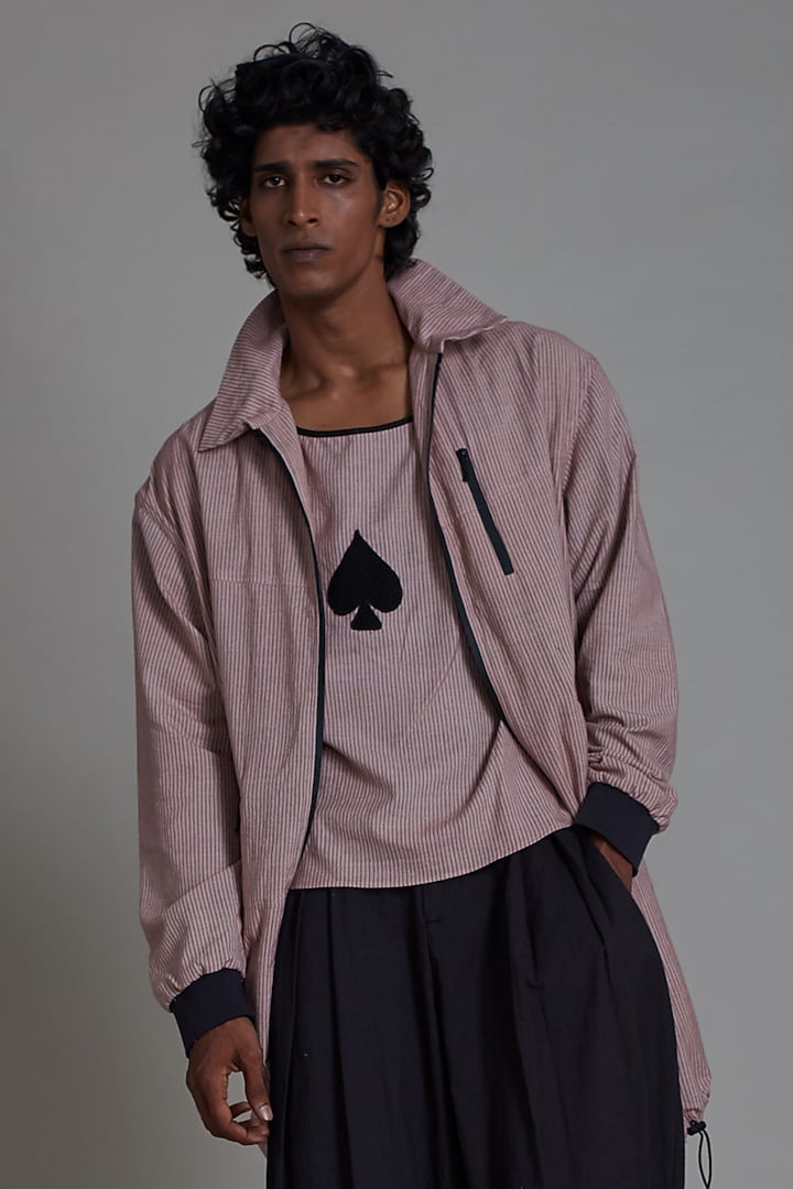 Pink Cotton Handwoven Striped Jacket Set by Mati Men at Pernia's Pop Up Shop