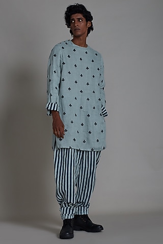 Blue Striped Cotton Handwoven Pleated Balloon Pants by Mati Men