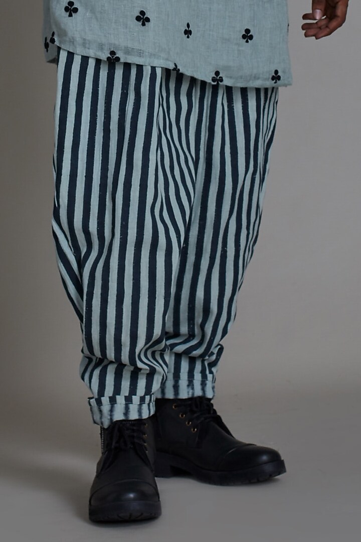 Blue Striped Cotton Handwoven Pleated Balloon Pants by Mati Men at Pernia's Pop Up Shop