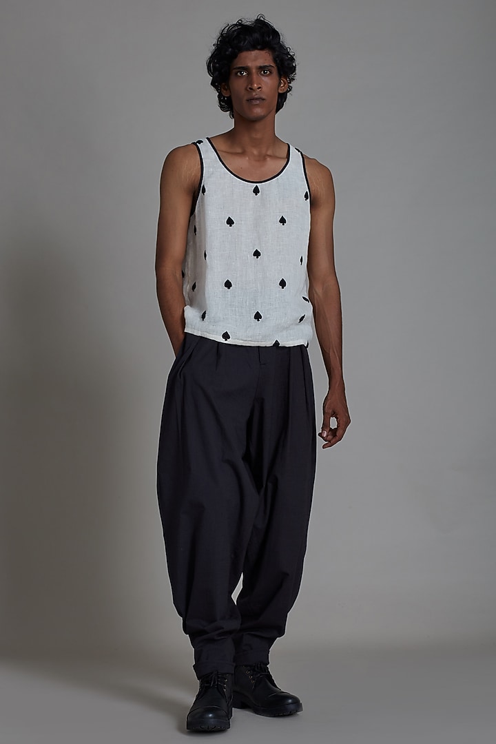 Oatmeal-Colored & Black Pure Linen Embroidered Handwoven Co-Ord Set by Mati Men at Pernia's Pop Up Shop