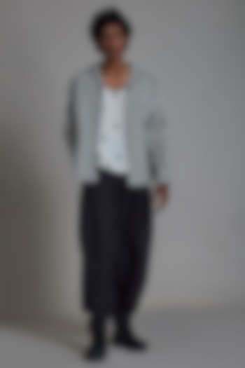 Oatmeal-Colored & Black Cotton Handwoven Co-Ord Set by Mati Men at Pernia's Pop Up Shop