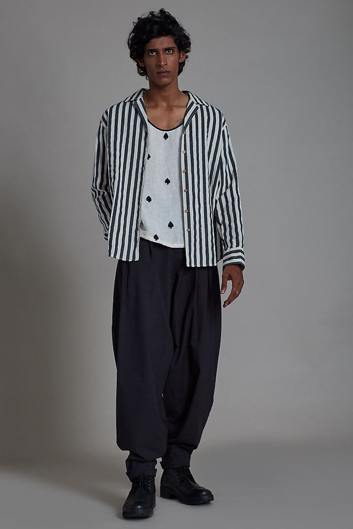 Oatmeal-Colored & Black Cotton Handwoven Co-Ord Set by Mati Men at Pernia's Pop Up Shop