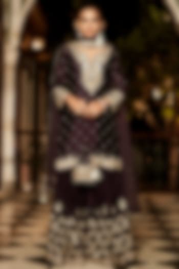 Plum Handloom Chanderi Silk Embroidered Wedding Sharara Set by Matsya at Pernia's Pop Up Shop