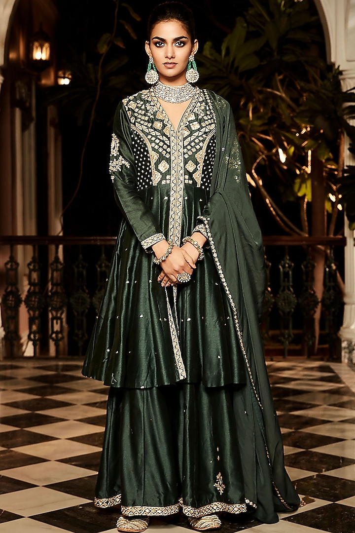 Green Handloom Chanderi Silk Embroidered Sharara Set by Matsya