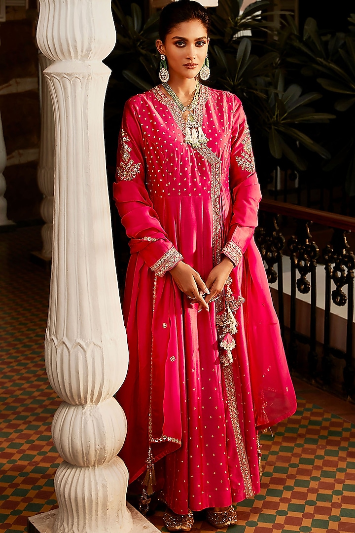 Pink Handloom Chanderi Silk Embroidered Angrakha Anarkali Set by Matsya
