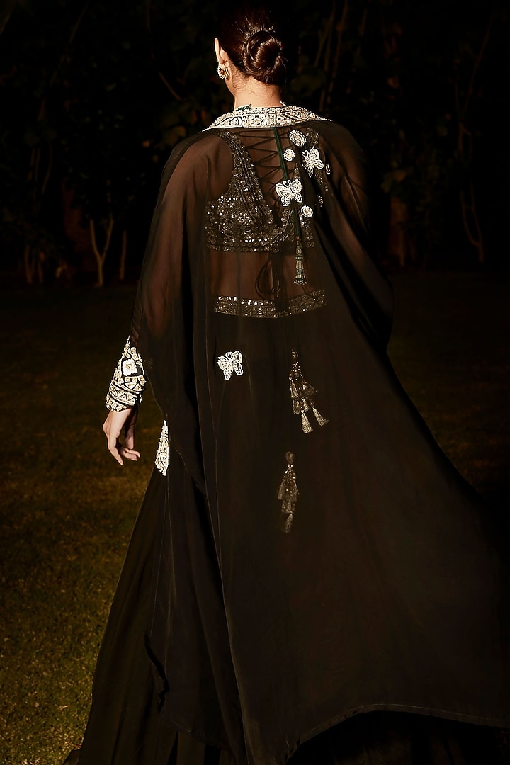 Black Organza Embroidered Cape Set by Matsya at Pernia's Pop Up Shop