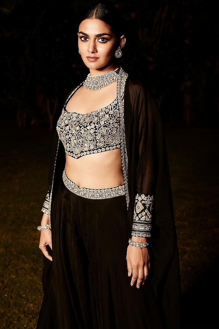 Black Organza Embroidered Cape Set by Matsya at Pernia's Pop Up Shop