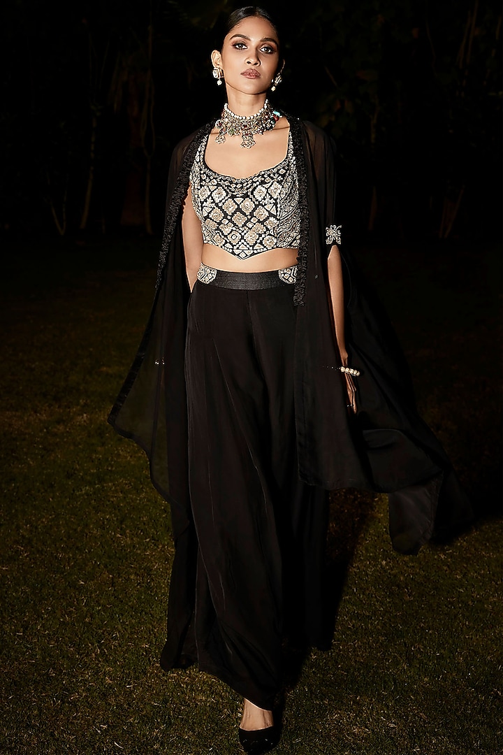 Black Georgette Embroidered Sharara Set by Matsya at Pernia's Pop Up Shop