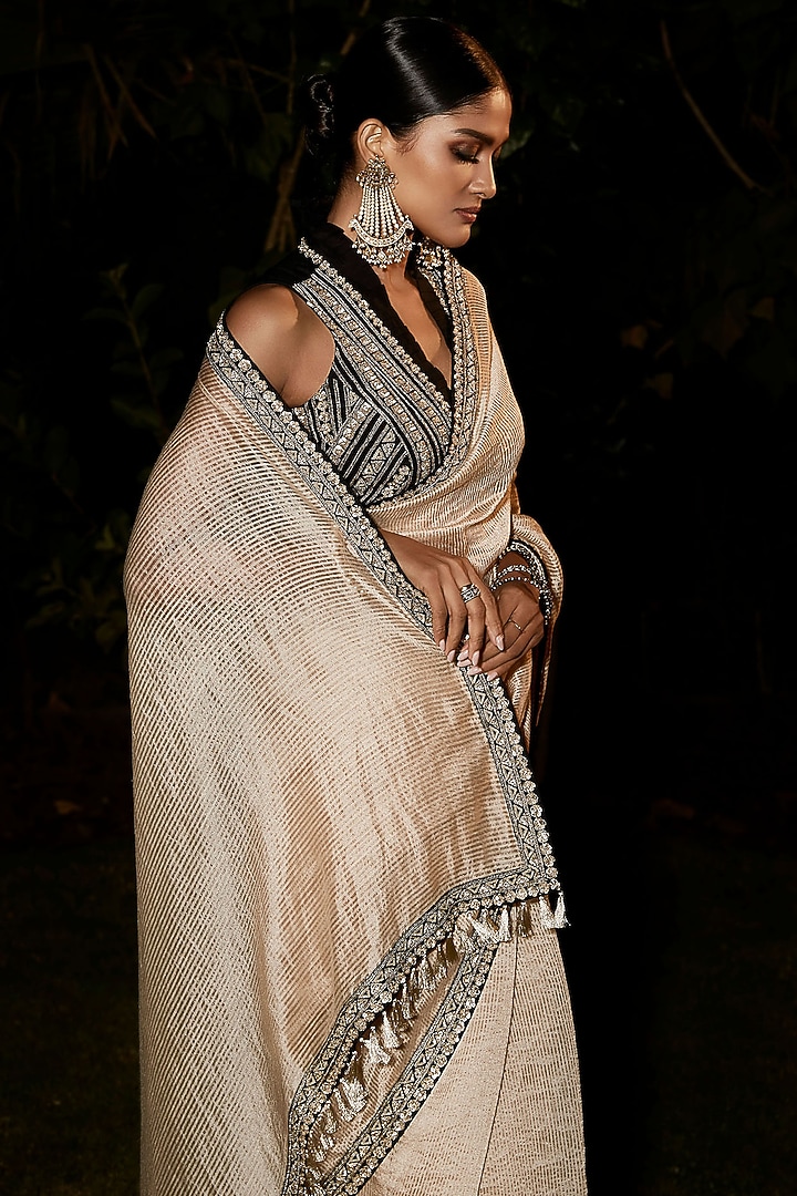 Beige Tissue Embroidered Wedding Saree Set by Matsya at Pernia's Pop Up Shop
