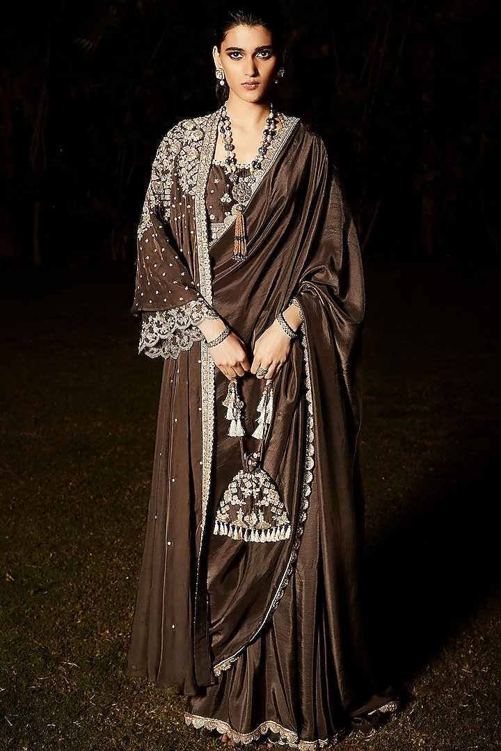 Charcoal Silk Scalloped Jacket Saree Set by Matsya at Pernia's Pop Up Shop