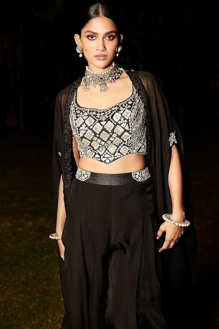 Black Organza Georgette Cape Set by Matsya at Pernia's Pop Up Shop