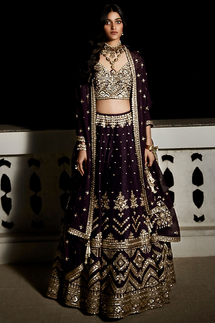 Plum Silk Embroidered Bridal Lehenga Set by Matsya at Pernia's Pop Up Shop