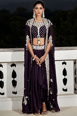 Plum Georgette Organza Embroidered Cape Set by Matsya