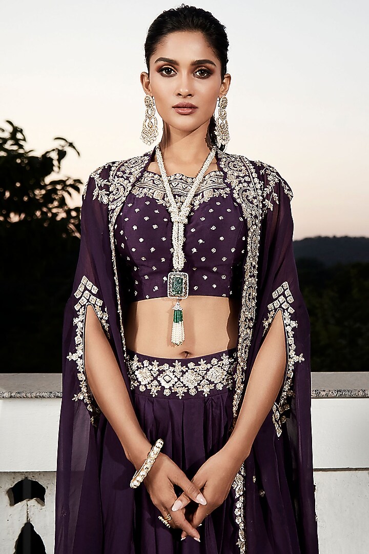 Plum Georgette Organza Embroidered Cape Set by Matsya at Pernia's Pop Up Shop