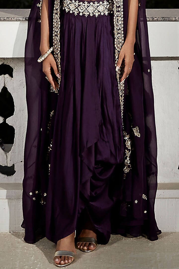 Plum Georgette Organza Embroidered Cape Set by Matsya at Pernia's Pop Up Shop