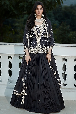 British Grey Georgette Organza Embroidered Lehenga Set by Matsya